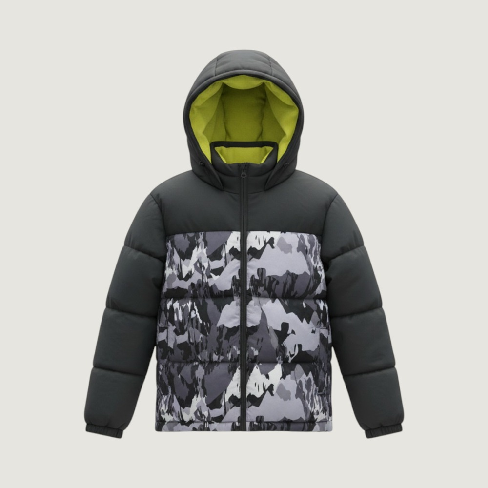 NWT Old Navy Puffer Jacket Kids Size L 10-12 Gray Camo Water Resistant Hooded